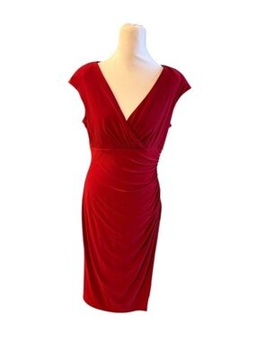 Lauren Ralph Lauren Red Ruched Sheath Dress Cap Sleeve V Neck Size 12